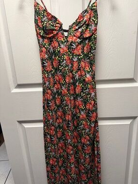 Black Floral Maxi Slip Dress with Red-Orange Blooms